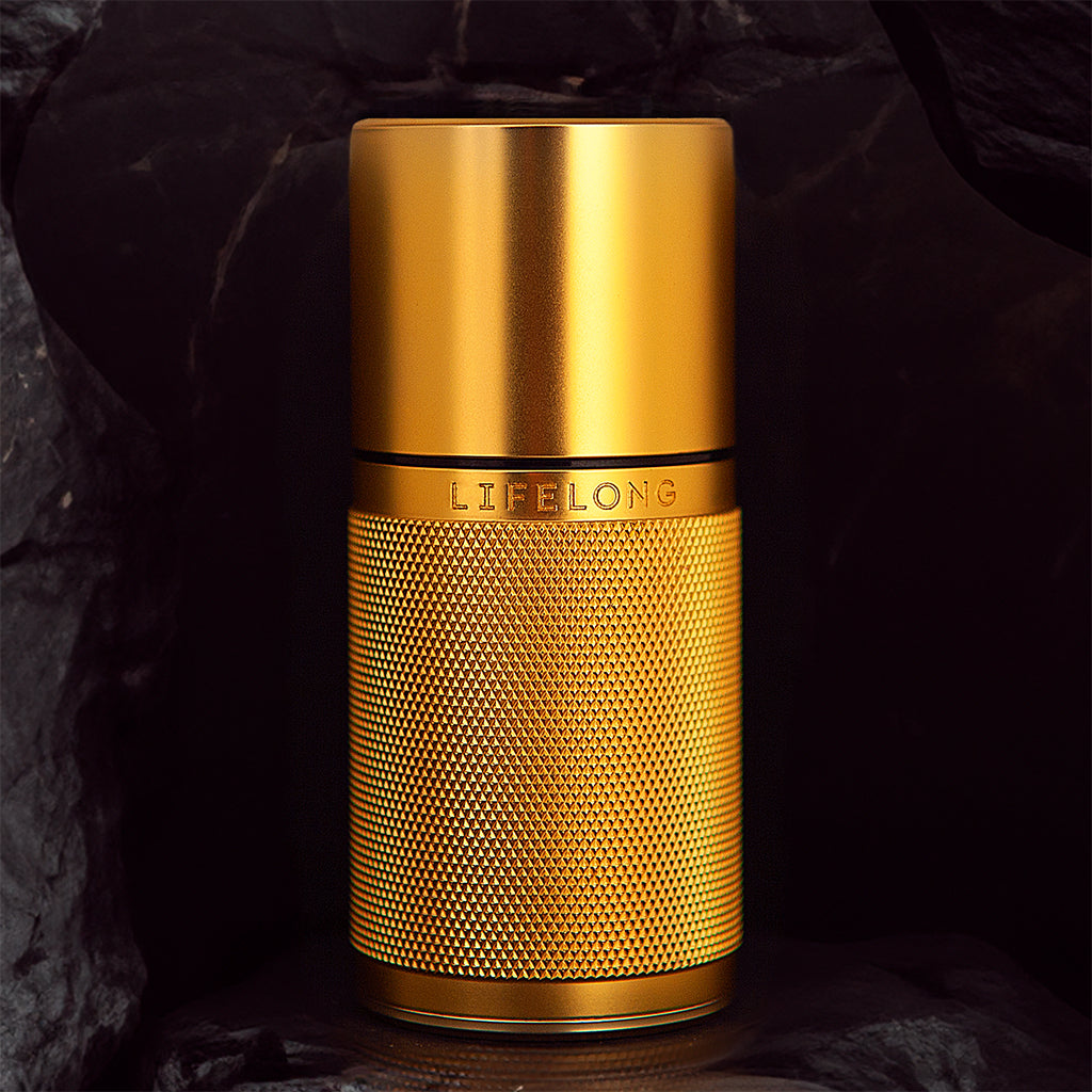 24 carat Gold plate Refillable roll-on deodorant. Design, knurled texture, black details and debossed Lifelong logo .