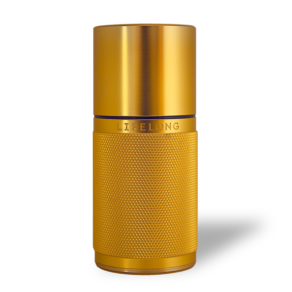 24 carat gold plated refillable deodorant. Designed with knurled details and the logo, Lifelong.