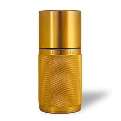 24 carat gold plated refillable deodorant. Designed with knurled details and the logo, Lifelong.